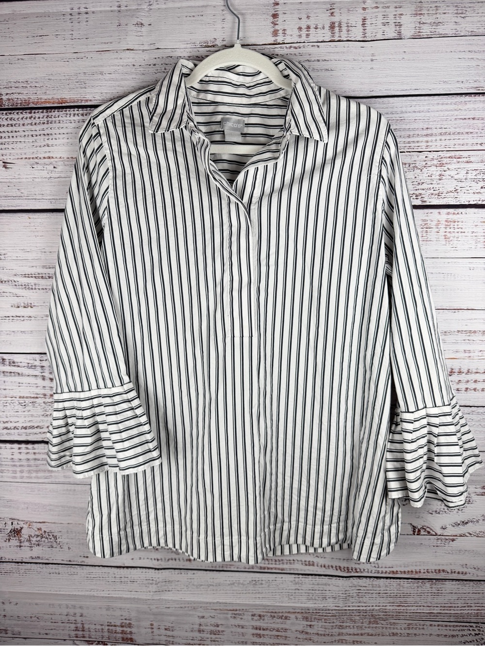 Chico’s Striped Button Front Blouse Ruffle Bell Sleeve White Black Size 2